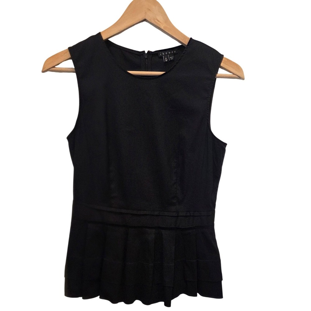 Theory Peplum Top Sleeveless Pleated Cotton Black Minimalist Size Petite Small